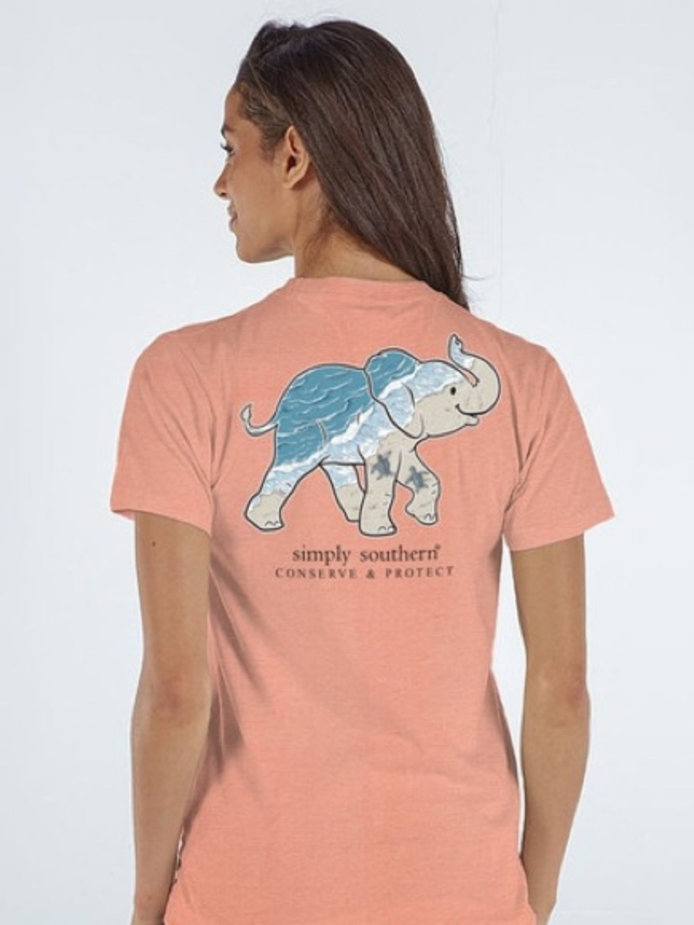 Simply Southern Coral Tee with Blue & Cream Elephant Graphic